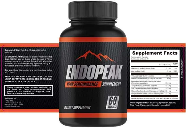 EndoPeak bottle and product label EndoPeak bottle shown with the product label and Supplement Facts panel